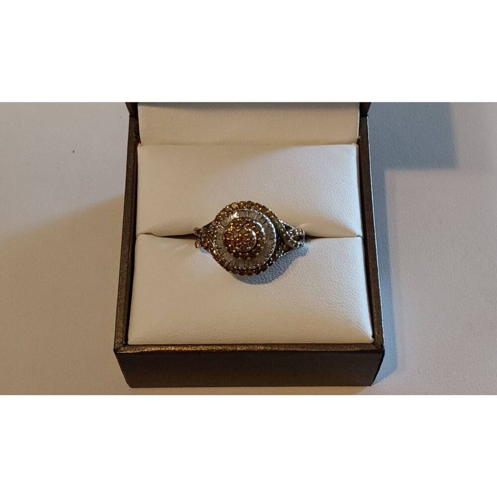 Gorgeous 1 Ct. Round & Baguette Genuine Champagne & White Diamond Cocktail Ring